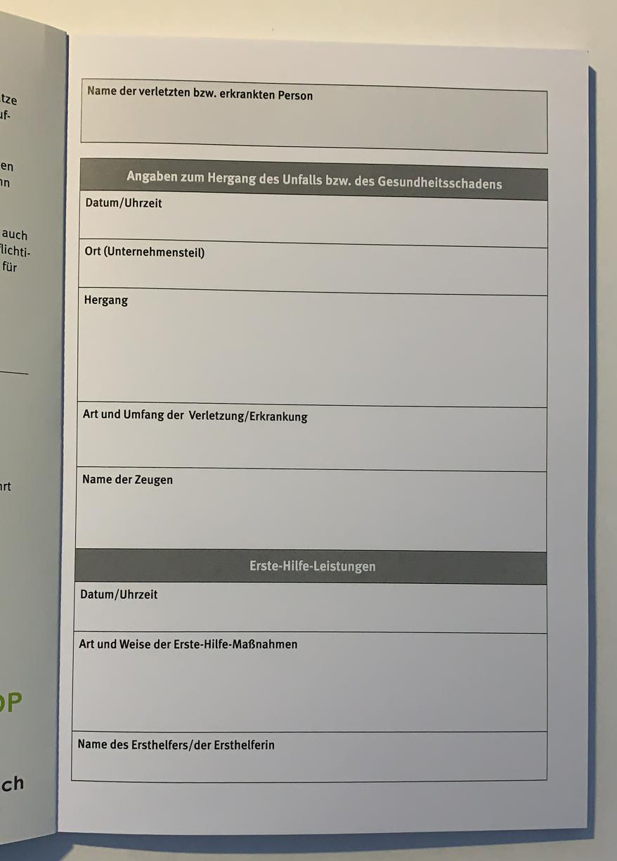 Dokumentation der Erste-Hilfe-Leistungen – Meldeblock in Buchform